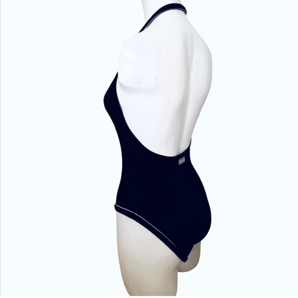 Versace 1990s Black Halter One-Piece Swimsuit White Piping US 8 IT 42 - Picture 8 of 13